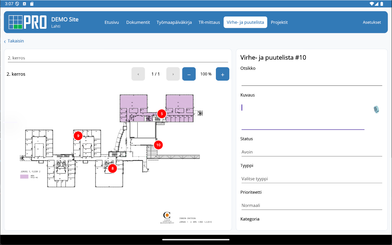 Virhe- ja puutelista PRO Projektipankki Appissa