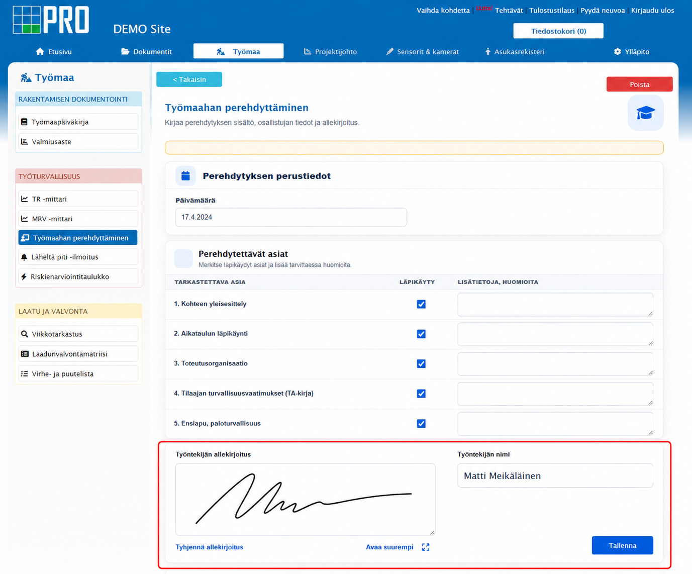 PRO Projektipankin työmaahan perehdyttämisen näkymä ja sähköinen allekirjoitus