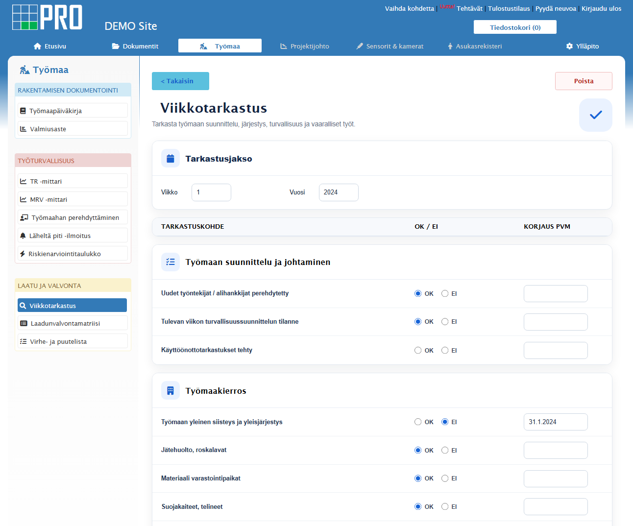 PRO Projektipankin viikkotarkastuksen näkymä