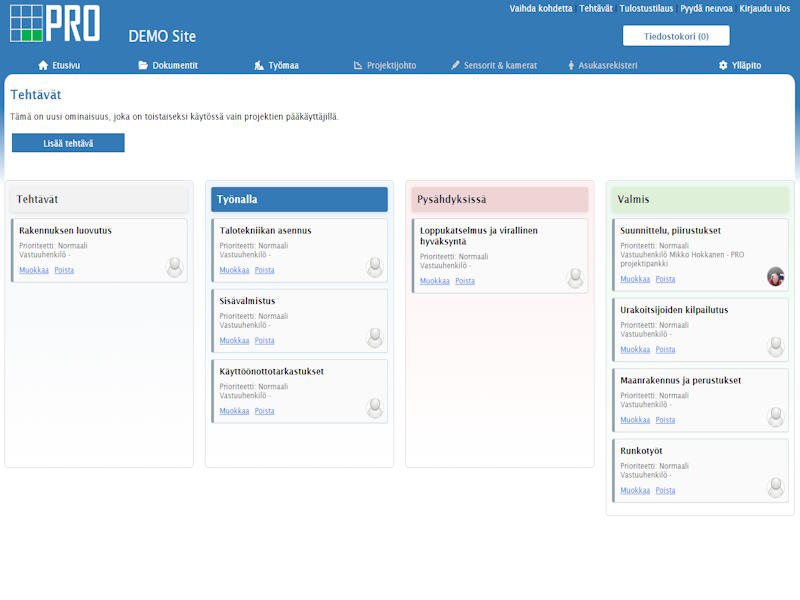 Rakennusprojektin tehtävälista projektipankissa